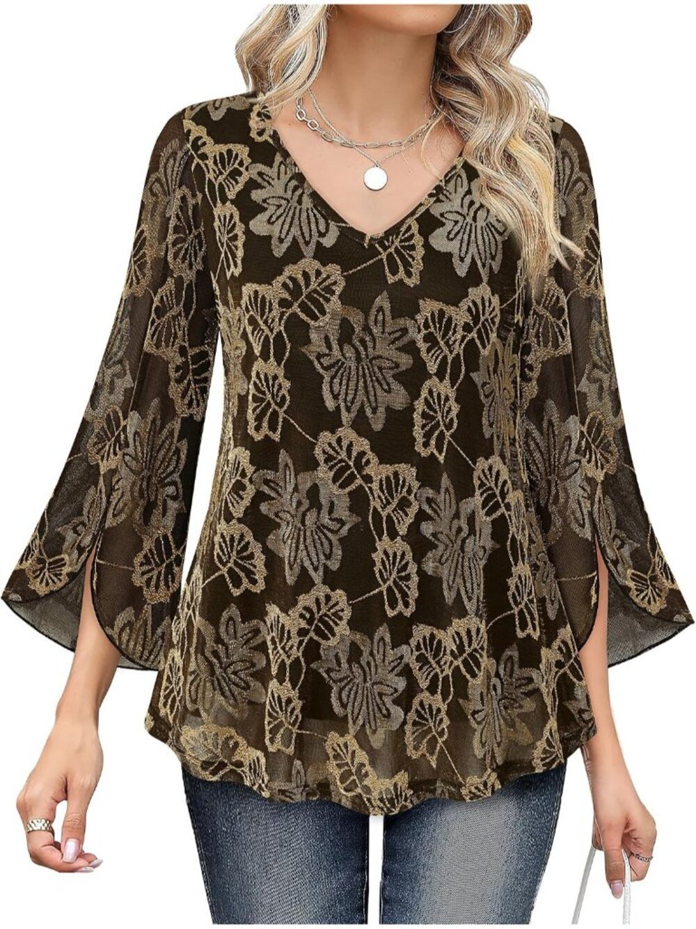 〽️Women Black Ruffle 3/4 Sleeve V Neck Double Layers Mesh Loose Flowy Tunic Tops